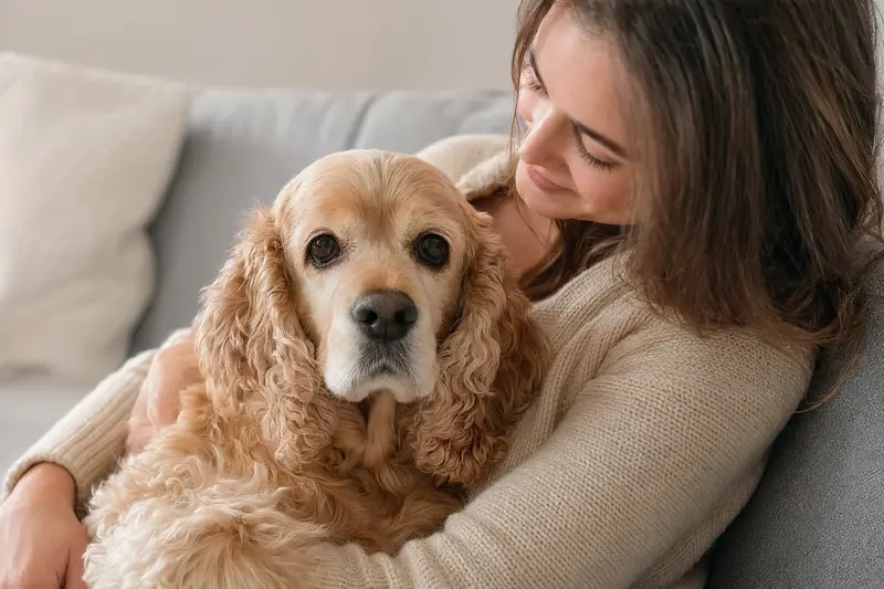Nahaufnahme eines freundlichen Amerikanischen Cocker Spaniels, der aufmerksam in die Kamera blickt.